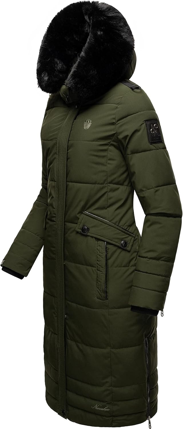 Navahoo Damen Wintermantel Warmer Steppmantel lang mit Abnehmbarer Kapuze Fahmiyaa XS-3XL S Olive, S