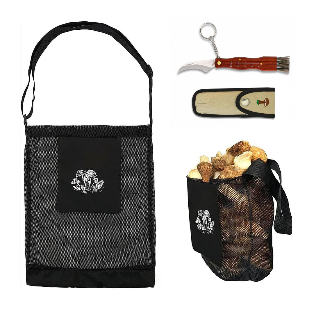 Pilz- und Fruchtsammeltasche mit Messer – Tasche mit Sporenfreisetzendem Netz, Grösse 42 x 36 cm, Fa