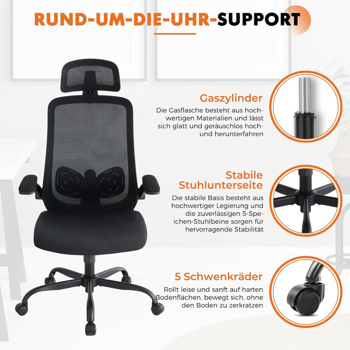 Sweetcrispy Ergonomischer Bürostuhl mit Kopfstütze & verstellbaren Armlehnen, 360° Drehfunktion, Höh