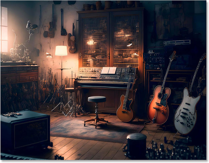 wandmotiv24 Leinwandbild Musikraum, 80x60cm, Querformat, Gitarre, Klavier, Deko, Bilder auf Leinwand
