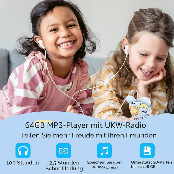 RUIZU 64GB MP3 Player Kinder Bluetooth 5.3 mit kopfhörer Lautsprecher Unterstützt UKW-Radio, Wecker,