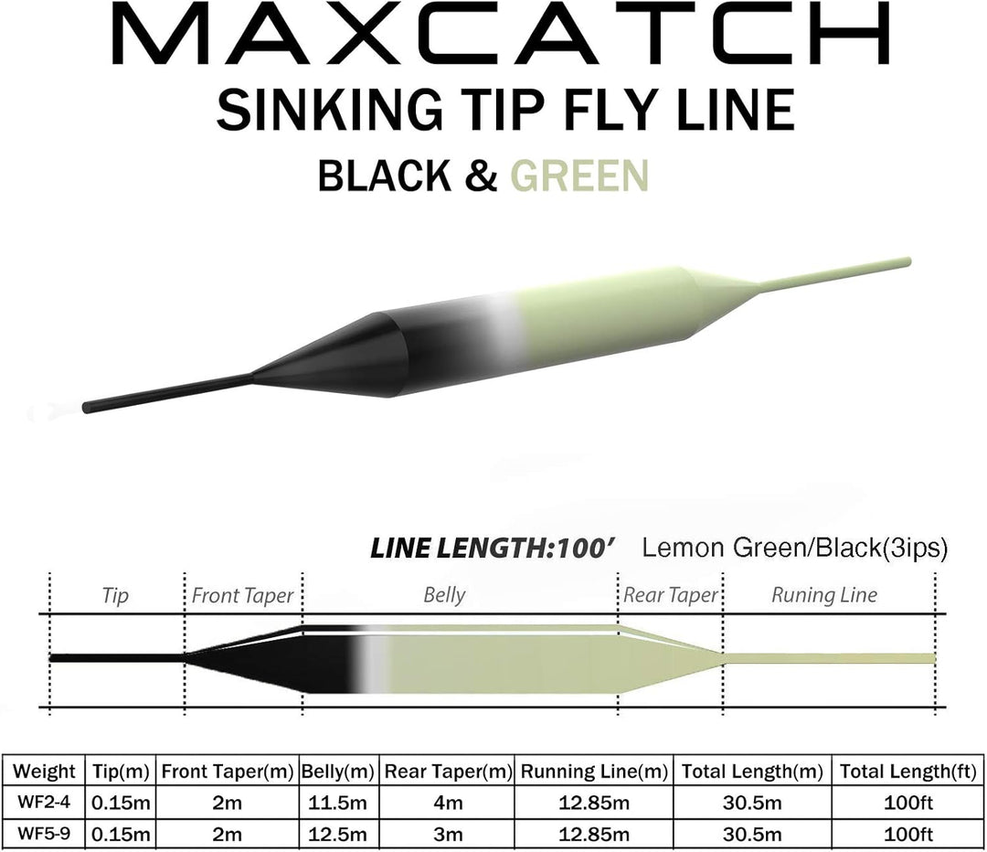 Maximumcatch Sinken-Spitze Fliegenschnur für Fliegenfischen, 3ips, 4/5/6/7/8 F/S Grün/Schwarz WF-4F/