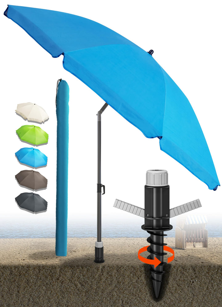 4smile Sonnenschirm Strand SunnyJoy als 3-IN-1 SET, Blau - UPF 50+ Strandschirm mit Bodenhülse & Sch