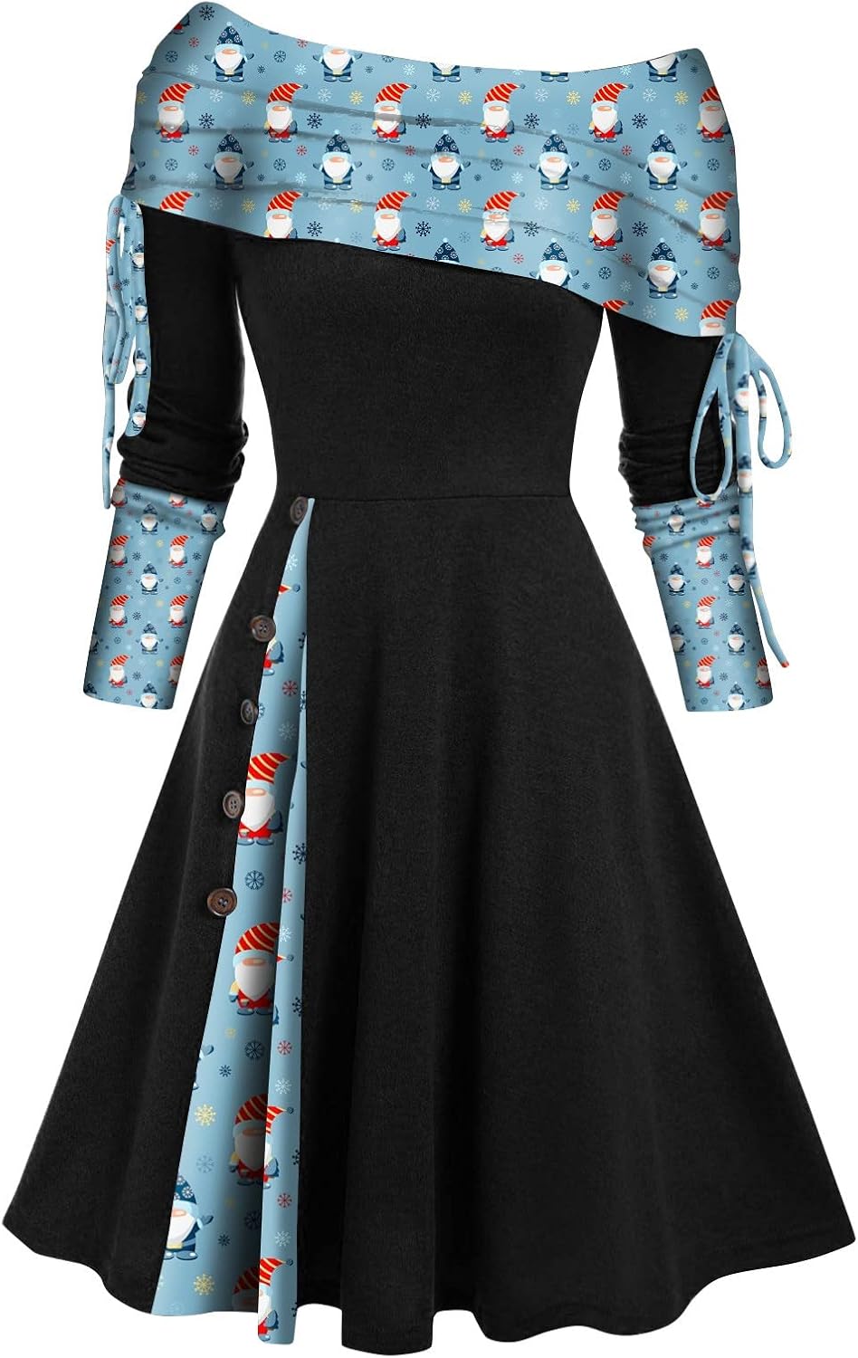 Weihnachten Schulterfrei Kleider für Damen Vintage Druck Patchwork A-Linie Kleid Lässig Locker Flies