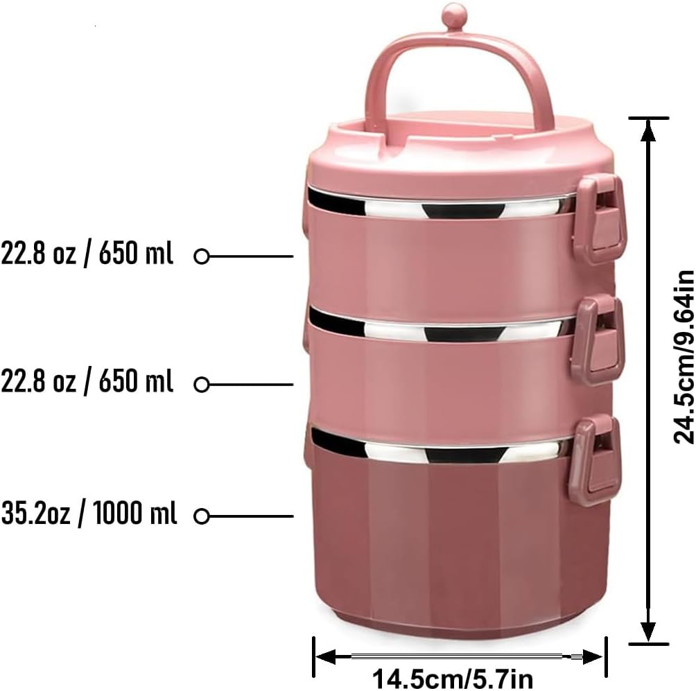 SANQIAHOME 3 Schichten Mehrschichtige stapelbare Edelstahl-Lunchbox,Auslaufsicher,rosa Rosa 3 Schich