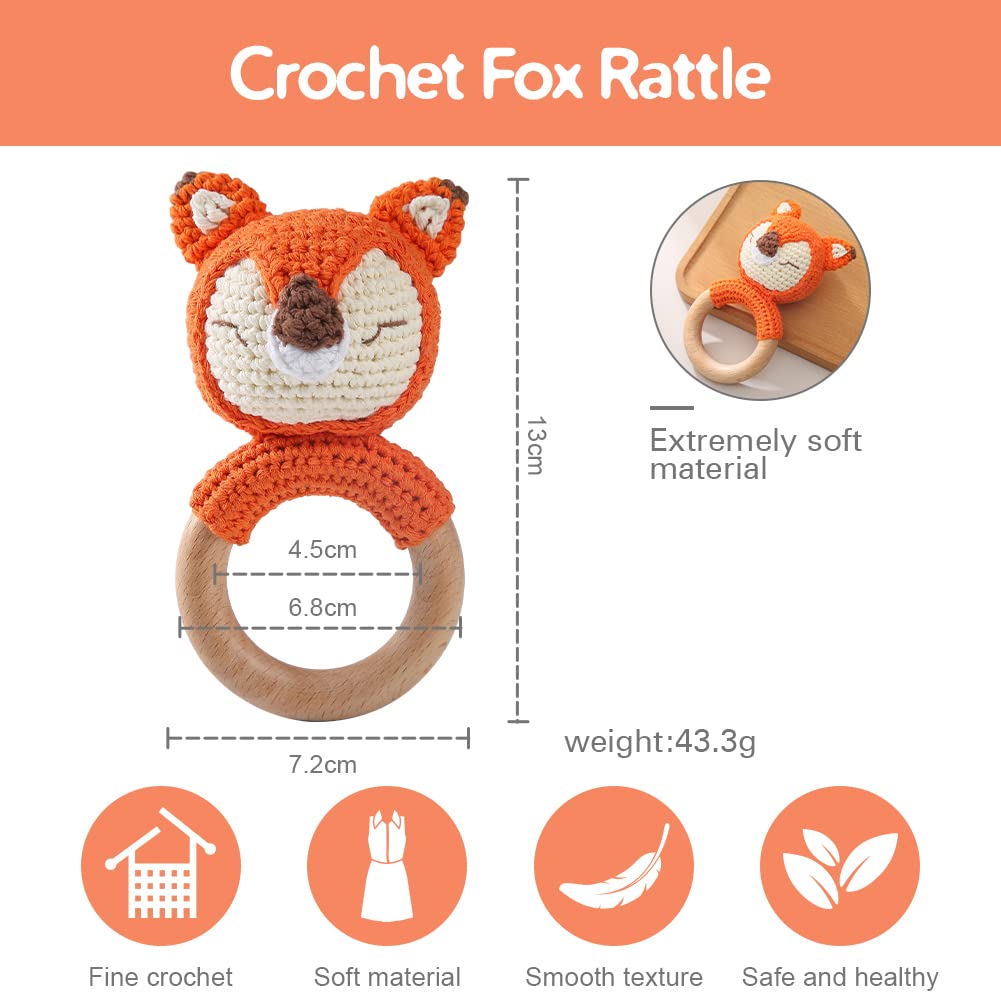 Youuys Babyrassel Gehäkelte Holz Häkeln Tiere Greifling Baby Holz Rassel mit Sound Handmade Rassel f