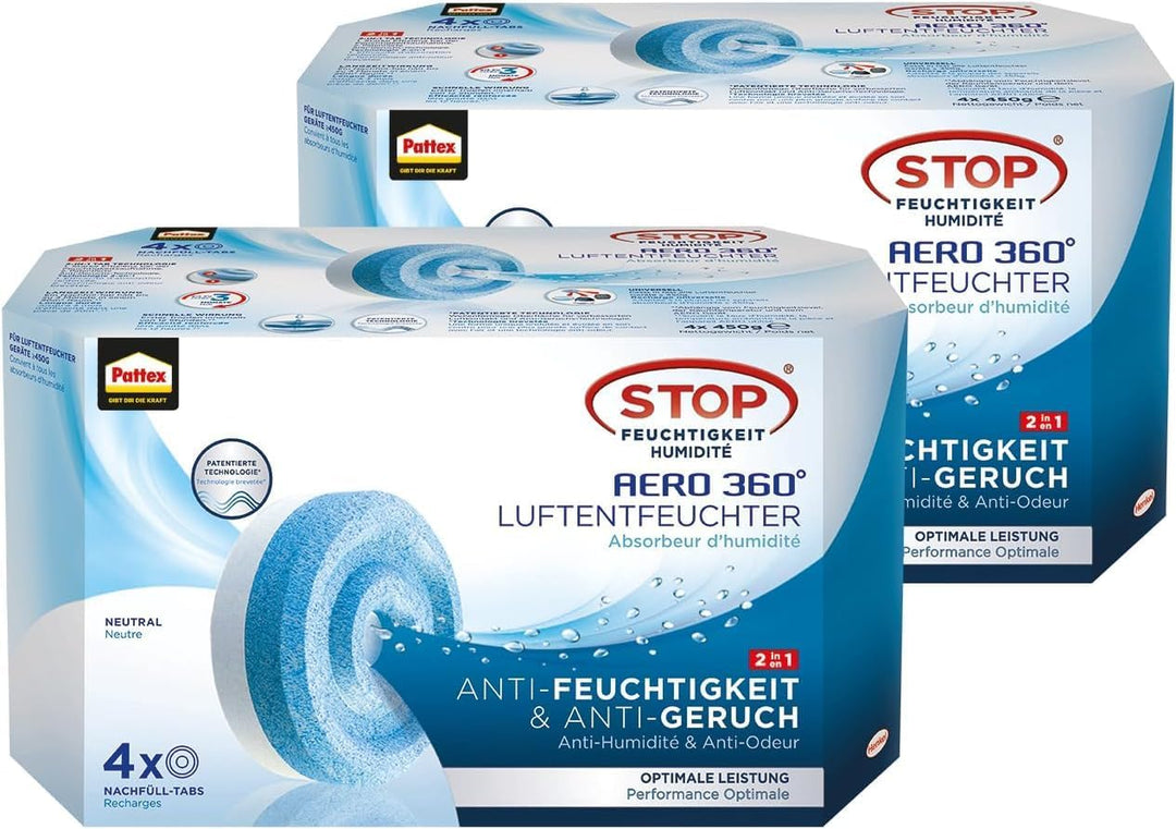 Pattex AERO 360° Neutral Tabs Nachfüllpack 2er-Set (2x 4er-Pack), reduzieren Feuchtigkeit und schlec