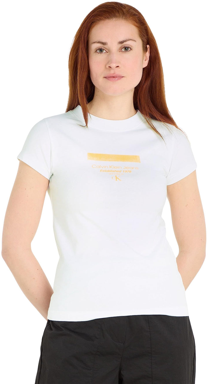 Calvin Klein Damen Stripe Logo Modern Straight Tee J20j222039 Kurzarm T-Shirts M Weiss (Bright White