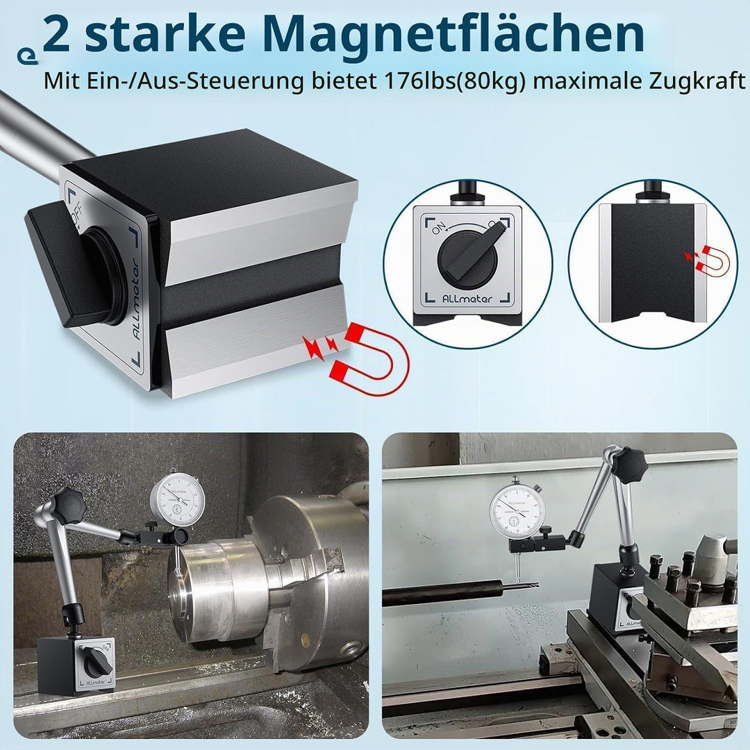 Mechanische Messuhr 0–20 mm Set mit Magnetstativ, Präzisions-Magnetfuss 80 kg, Universal-Messuhrhalt