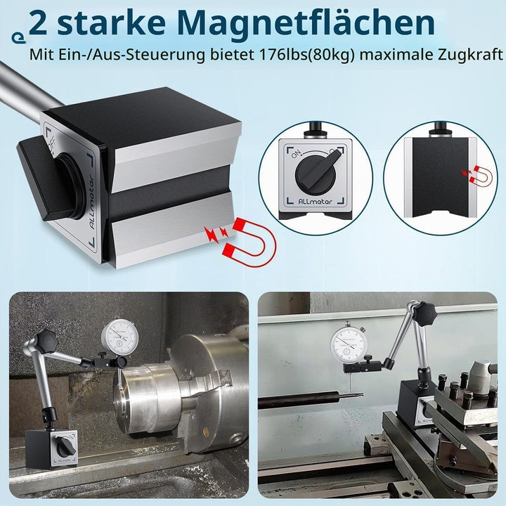 Mechanische Messuhr 0–20 mm Set mit Magnetstativ, Präzisions-Magnetfuss 80 kg, Universal-Messuhrhalt