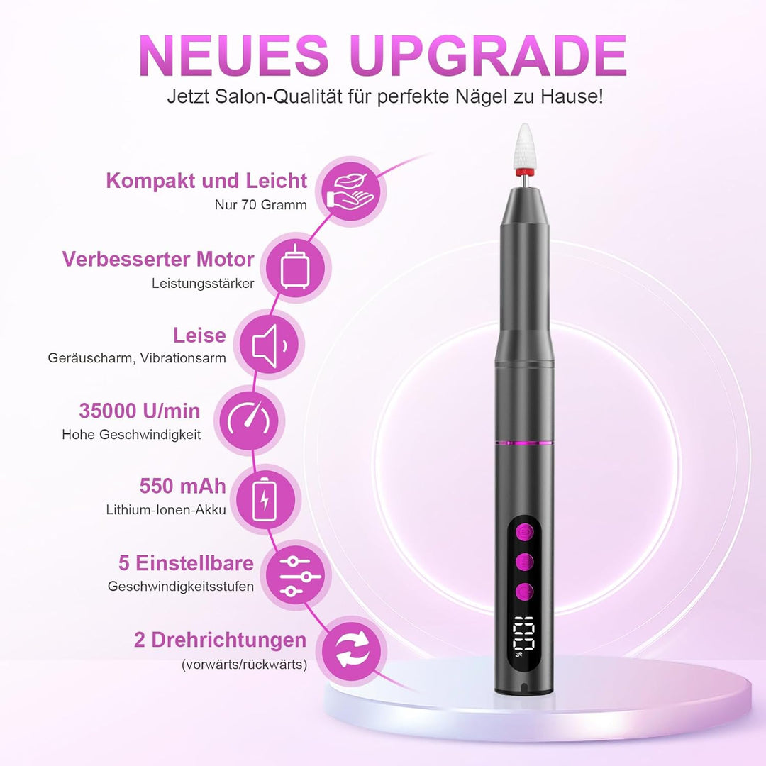 Nagelfräser Kabellose Elektrische Nagelfeile - 35000 U/Min Nagelfräser für Gelnägel, 12 IN 1 Profess