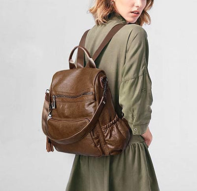 UTO Damen Rucksack PU Washed Leder Modischer Multifunktionsrucksack mit Quastendesign Lässige Schult