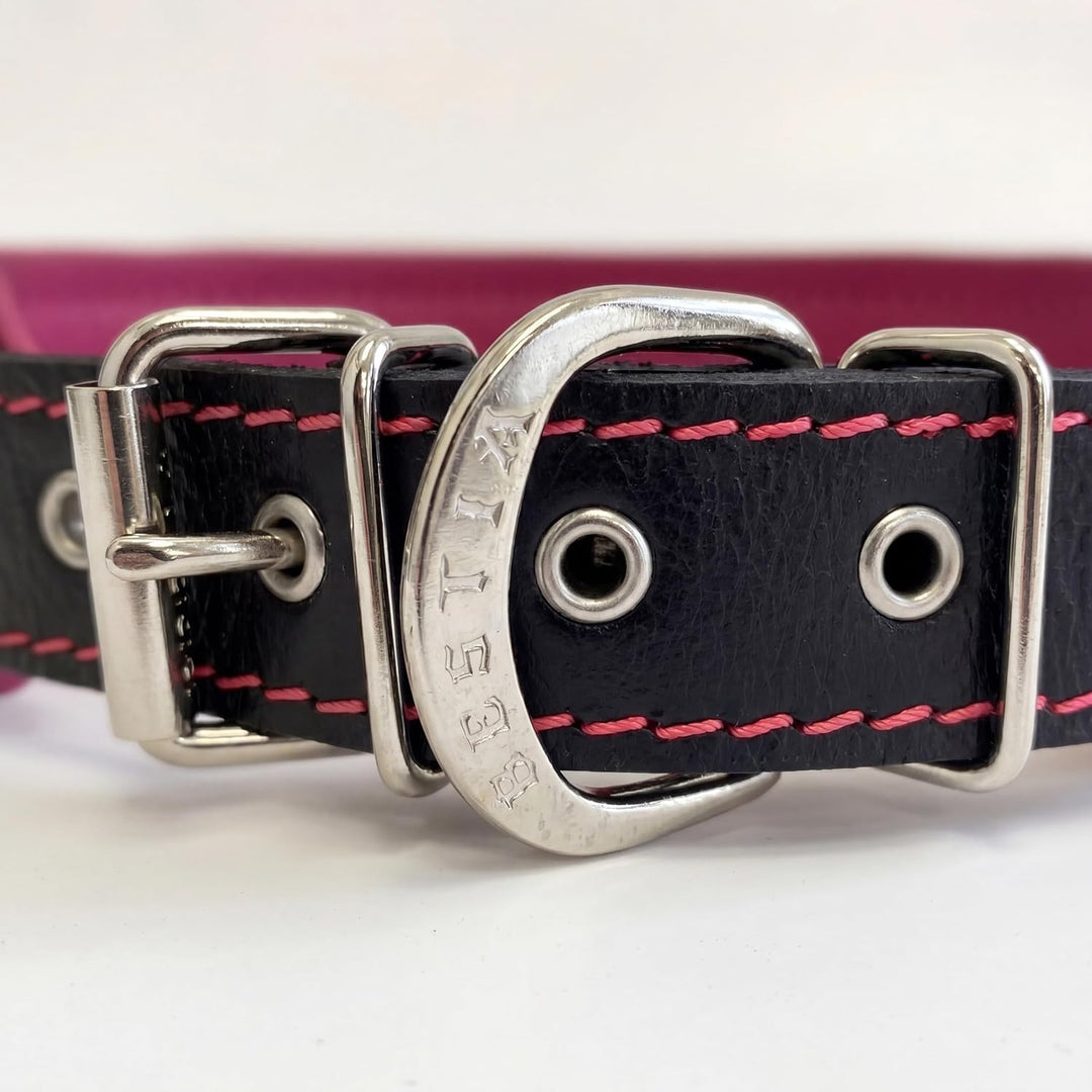 Bestia Pet BC1LPK1 Bijou Lederhalsband, Handarbeit, Top Qualität, 5 cm breit, L, schwarz und pink, L