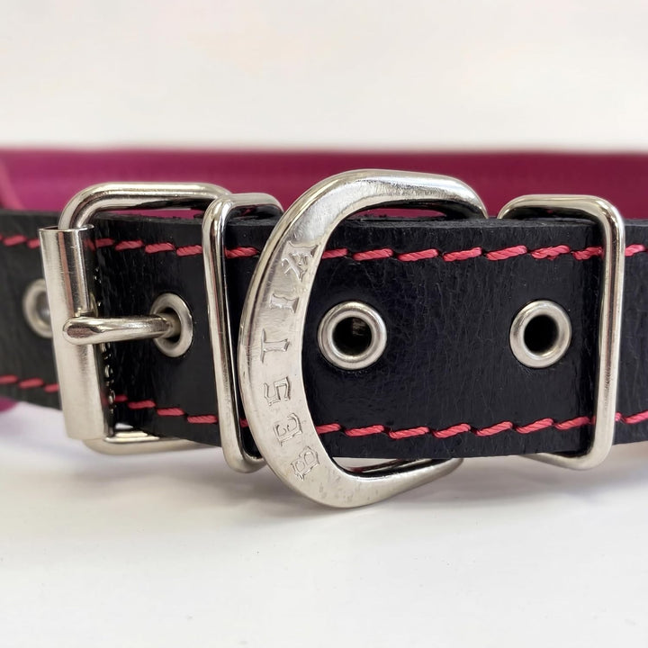 Bestia Pet BC1LPK1 Bijou Lederhalsband, Handarbeit, Top Qualität, 5 cm breit, L, schwarz und pink, L