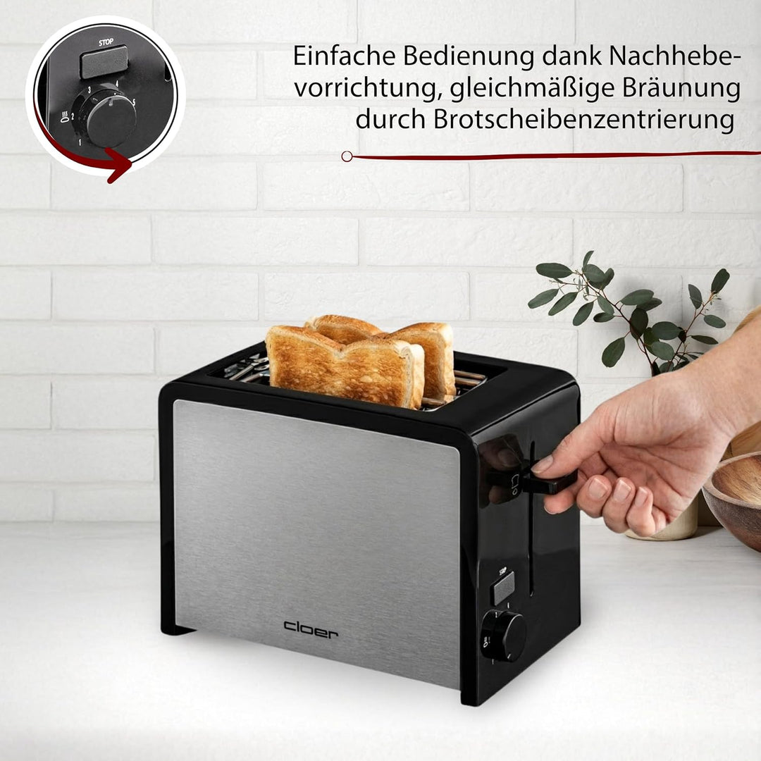 Cloer 3210 Toaster, 825 W, für 2 Toastscheiben, integrierter Brötchenaufsatz, Nachhebevorrichtung, K