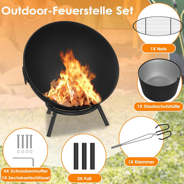 UISEBRT Runde Feuerschale 60 cm aus Stahl tragbare Feuerstelle mit Holzrost und Zubehör ideal für Ga