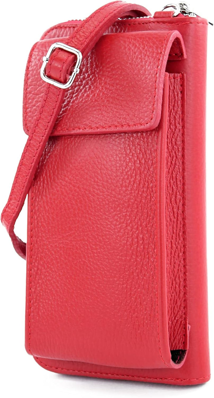 modamoda de - P06 - ital. Damen Umhängetasche Geldbörse Handytasche Leder Rot, Rot