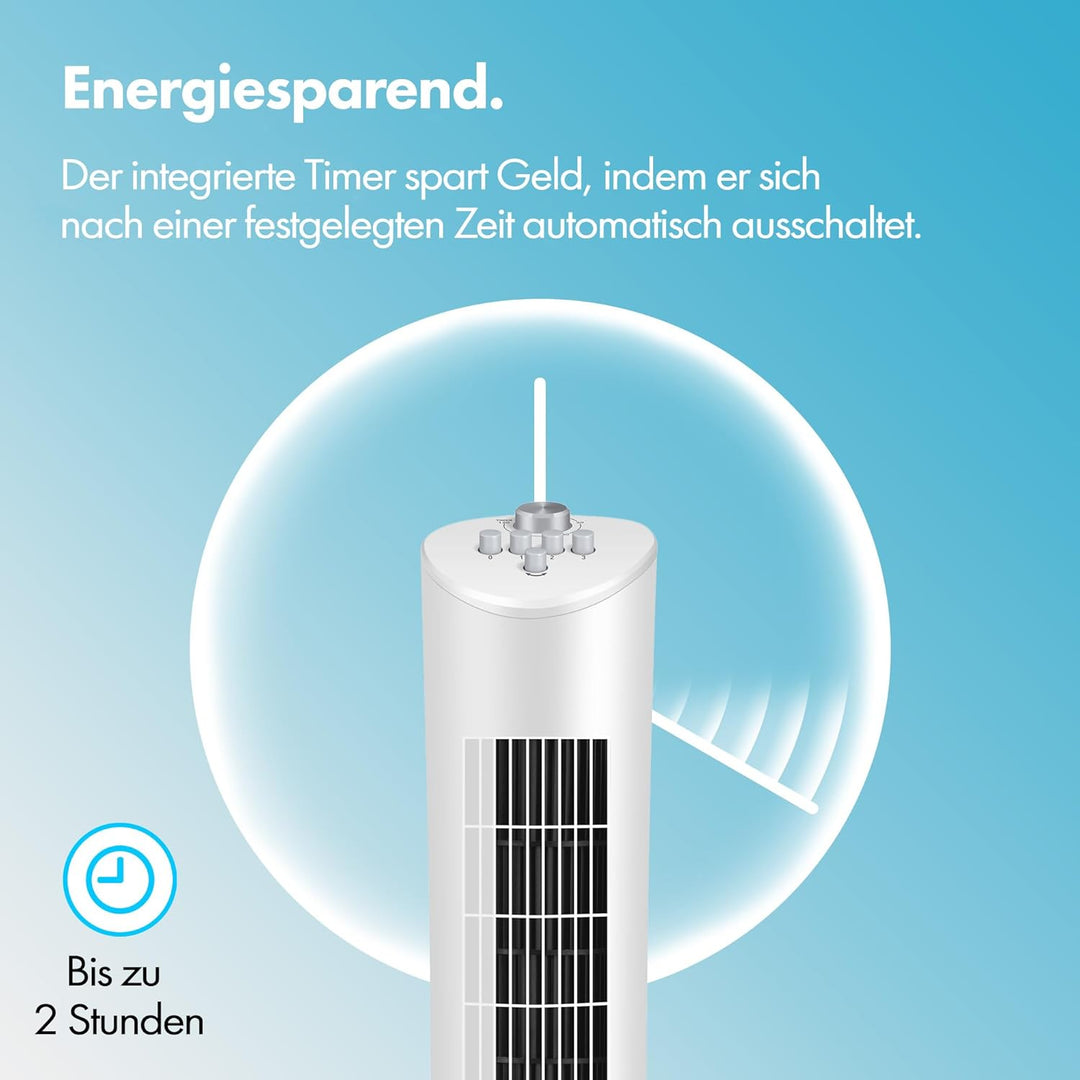 VonHaus Turmventilator 80 cm Weiss, 70° Oszillierender Standventilator mit 2-H Timer, 3 Geschwindigk