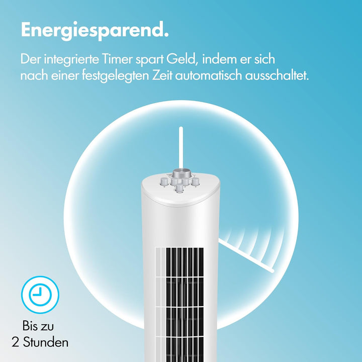 VonHaus Turmventilator 80 cm Weiss, 70° Oszillierender Standventilator mit 2-H Timer, 3 Geschwindigk