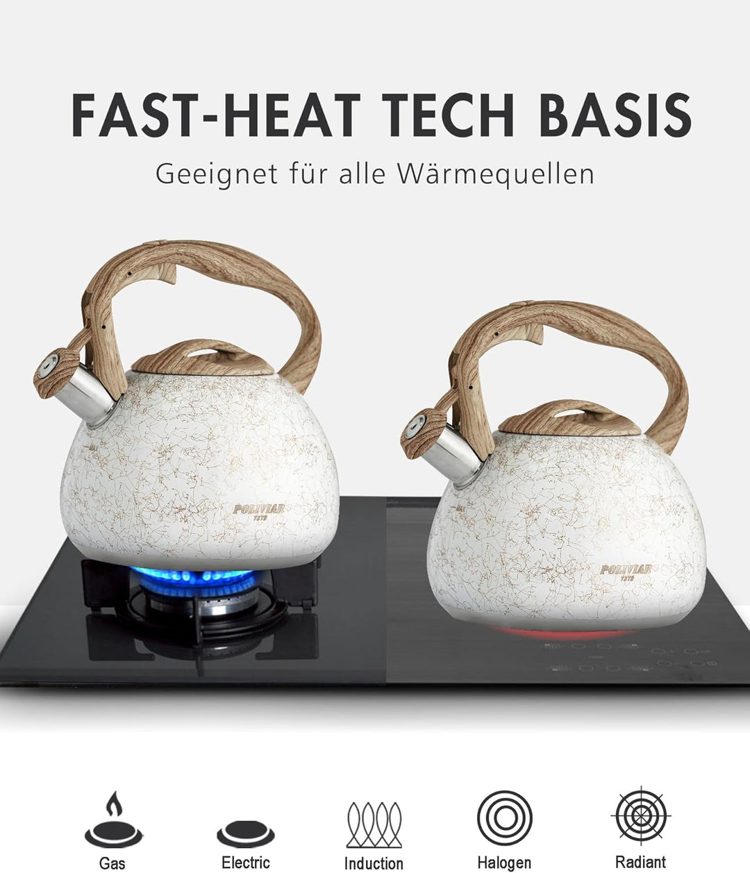 Poliviar Moderne Wasserkessel Induktion, Edelstahl Pfeifkessel, Teekessel für alle Kochplatten, Flöt