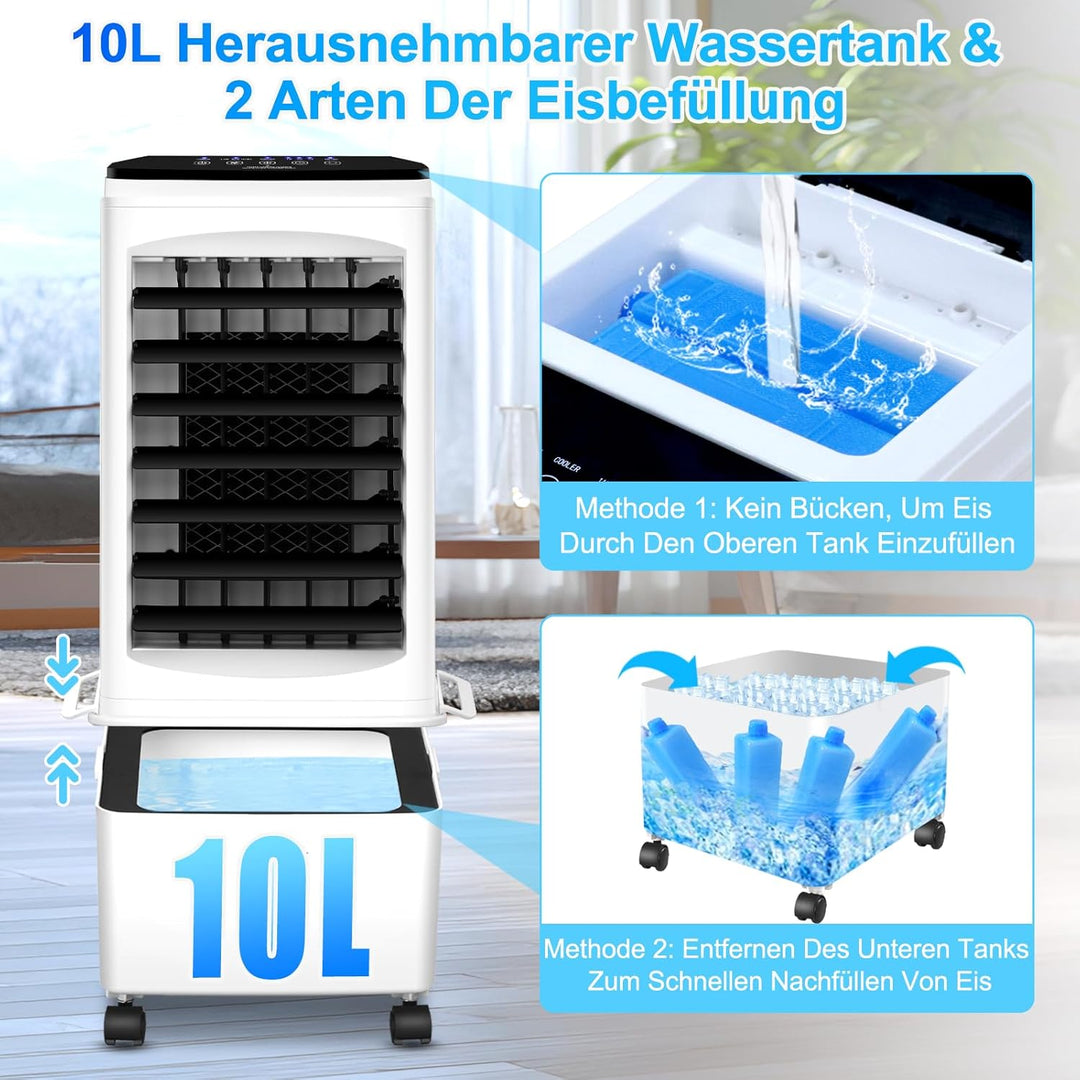 Klimagerät ohne Abluftschlauch, 10L 60W Klimaanlage Mobil mit 12H Timer, 40dB, 120°Oszillation, Abne