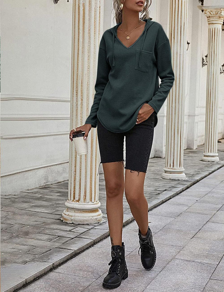 Pullover Damen Hoodie Langarm V Ausschnitt Pullover Sweatshirt Kapuzenpullover Einfarbig Drawstring