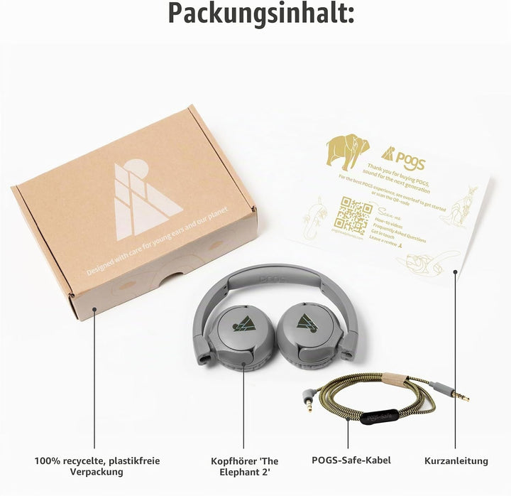 POGS-Kinderkopfhörer mit Kabel | The Elephant 2 | Faltbarer robuster Kinderkopfhörer ab 3 Jahren | L