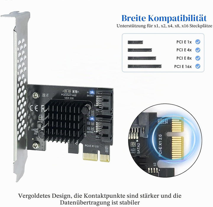 PCI-E zu SATA3.0 Erweiterungskarte 2 Ports, PCIe SATA III 6Gbps Max Speed Controller Karten für PCI-