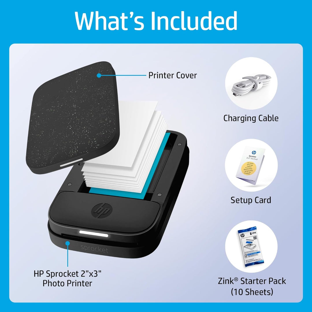 HP Sprocket Portable 5x7.6 cm Sofortbilddrucker (Schwarz) Drucken Sie Bilder auf Zink Sticky-Backed