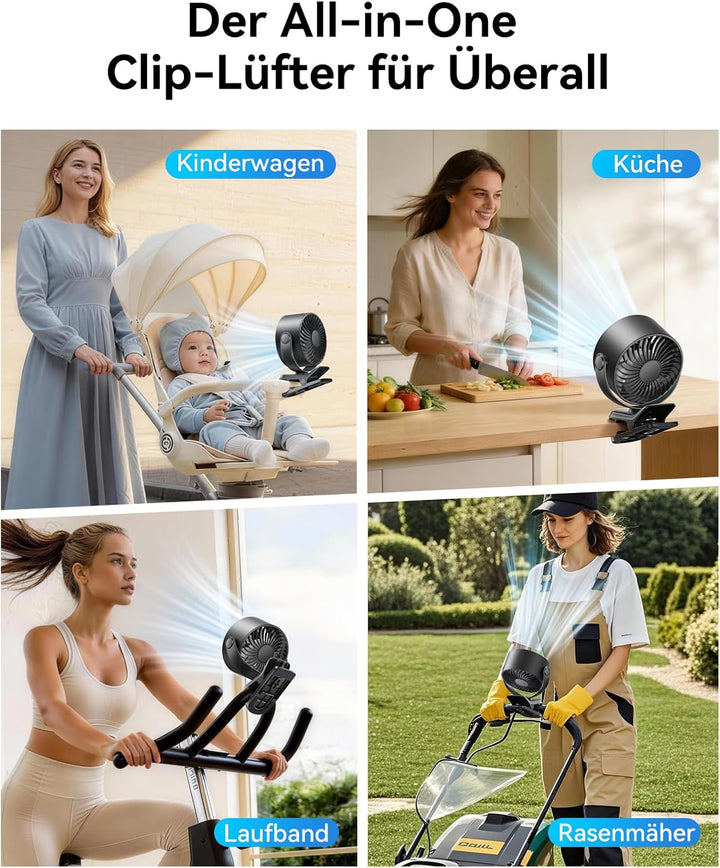 KIMMOO Clip-Ventilator Wiederaufladbar, 100 Stufen USB-Tischventilator mit LED-Display, 360° Rotatio