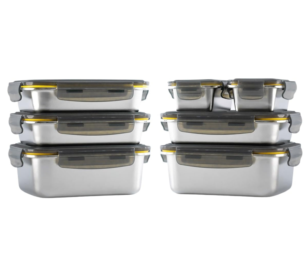 PIKA - 7 Lebensmittelbehälter aus Edelstahl – 3 x 820 ml + 2 x 1200 ml + 2 x 260 ml – luftdicht, gee