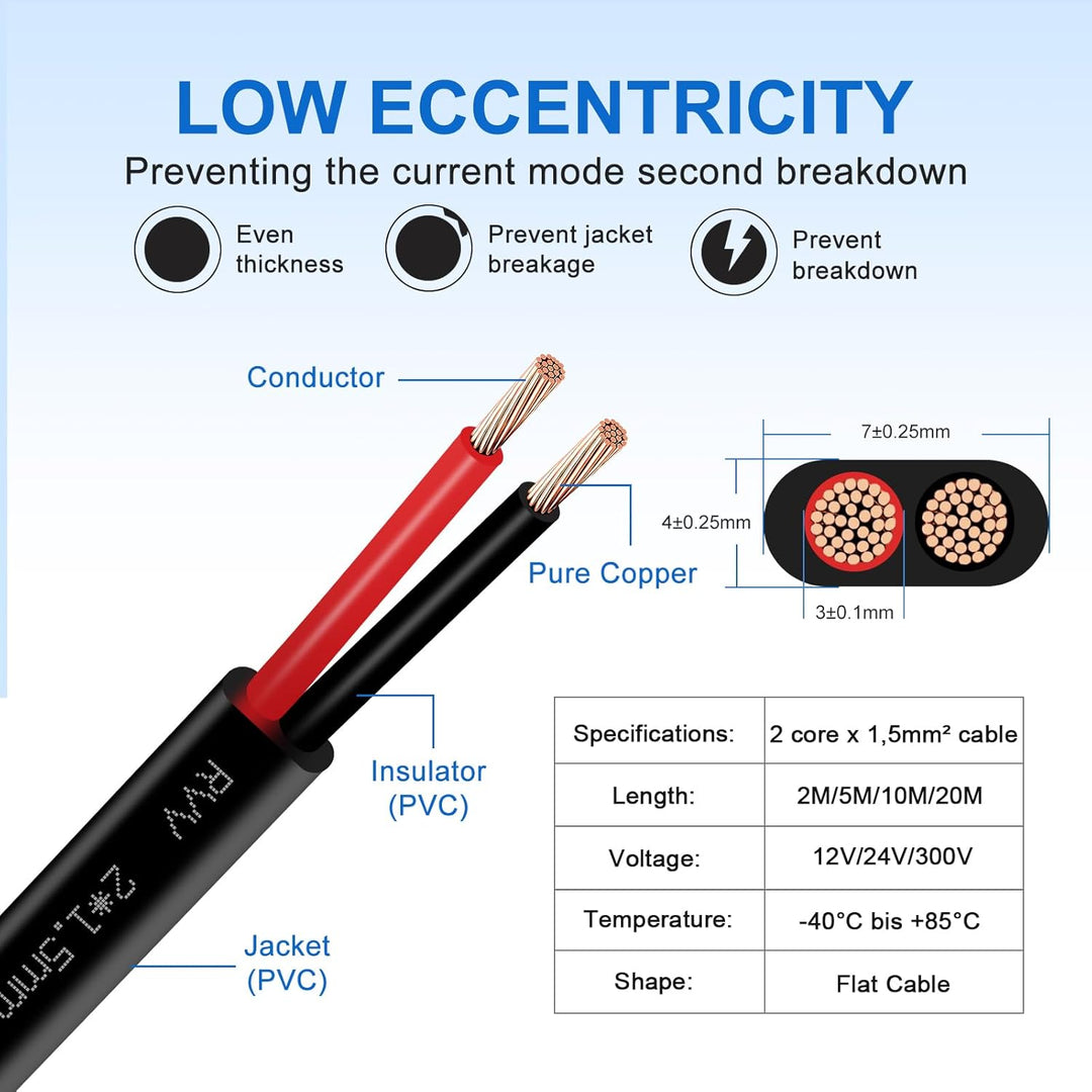 2 Adriges Fahrzeugleitung Kabel 20m, 12V 24V 2 Adriges Anhängerkabel LED-Rücklichter Verkabelung Kab