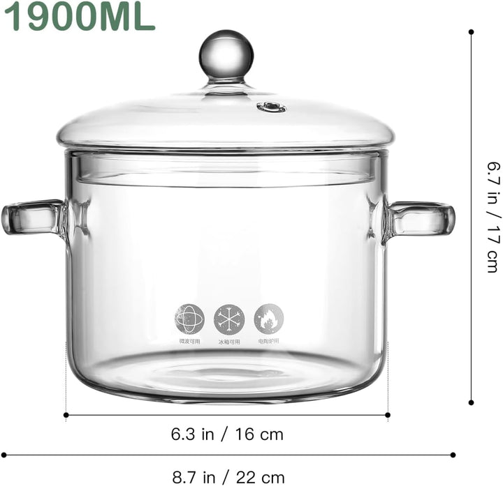Operitacx Glas Kochtopf, 1,9 l Glastopf mit Deckel, Hitzebeständiger Klarglas Kochtopf und Pfanne mi