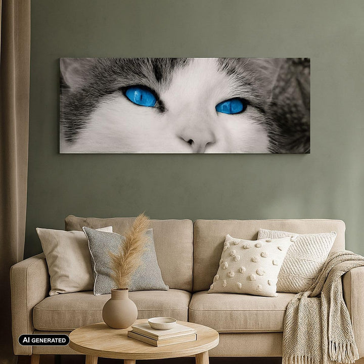 Wandbilder Dekoration Wohnzimmer Katze Tiere blaue Augen Panorama Bilder auf Leinwand 120x50cm Leinw