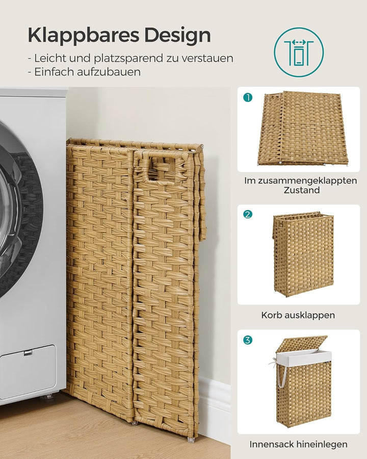 SONGMICS Wäschekorb schmal, Wäschesammler 55 L, Wäschebox aus synthetischem Rattan, mit Deckel und G