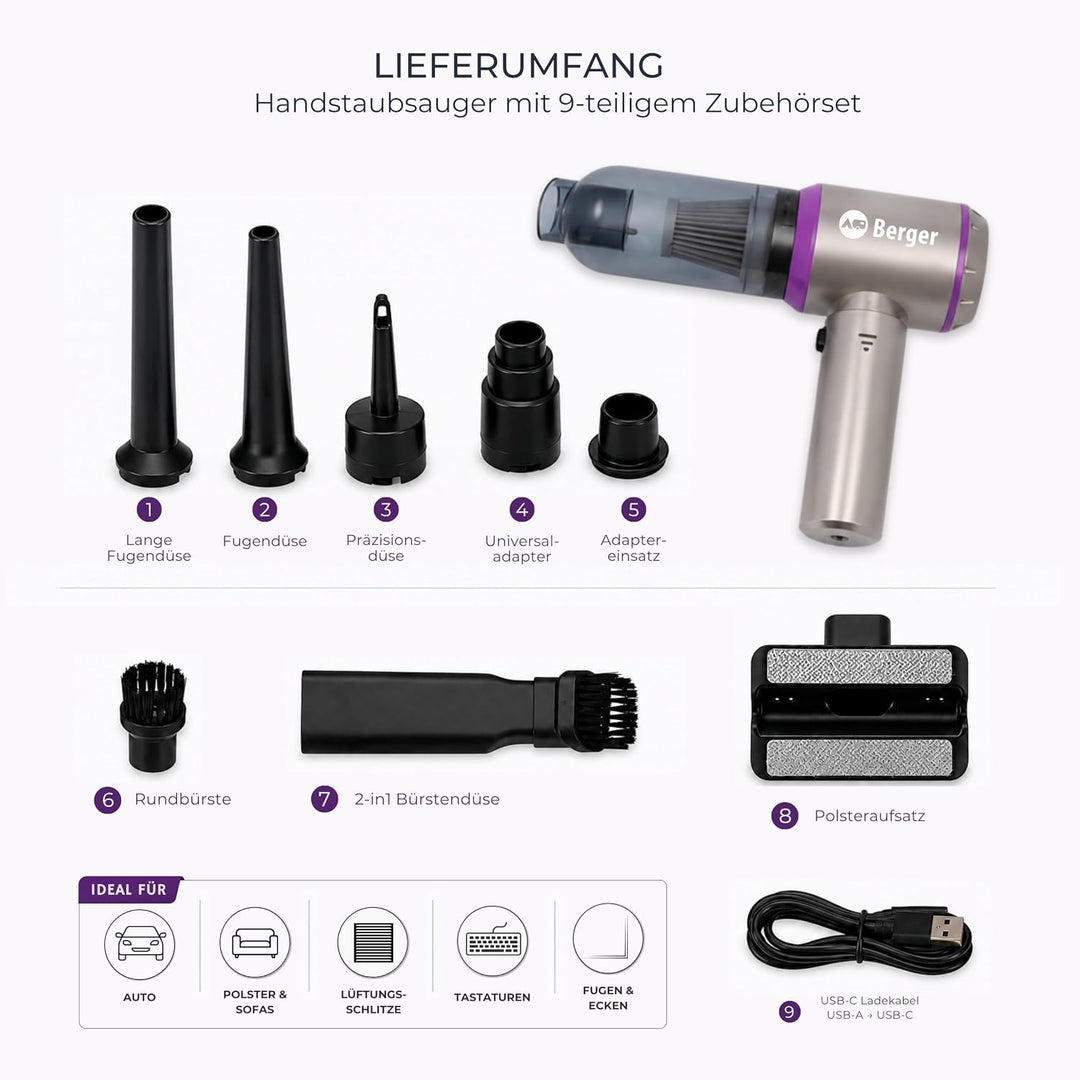BERGER RoadDust Akku-Handstaubsauger | USB-C Mini-Sauger für Auto &amp; Camping