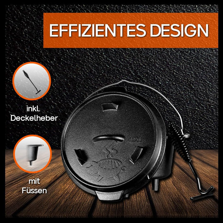 Grillschweine Dutch Oven 4.5QT (4,2 L mit Füsse) - BBQ Schmorofen - Gusseisen Feuertopf, 4,2 L mit F
