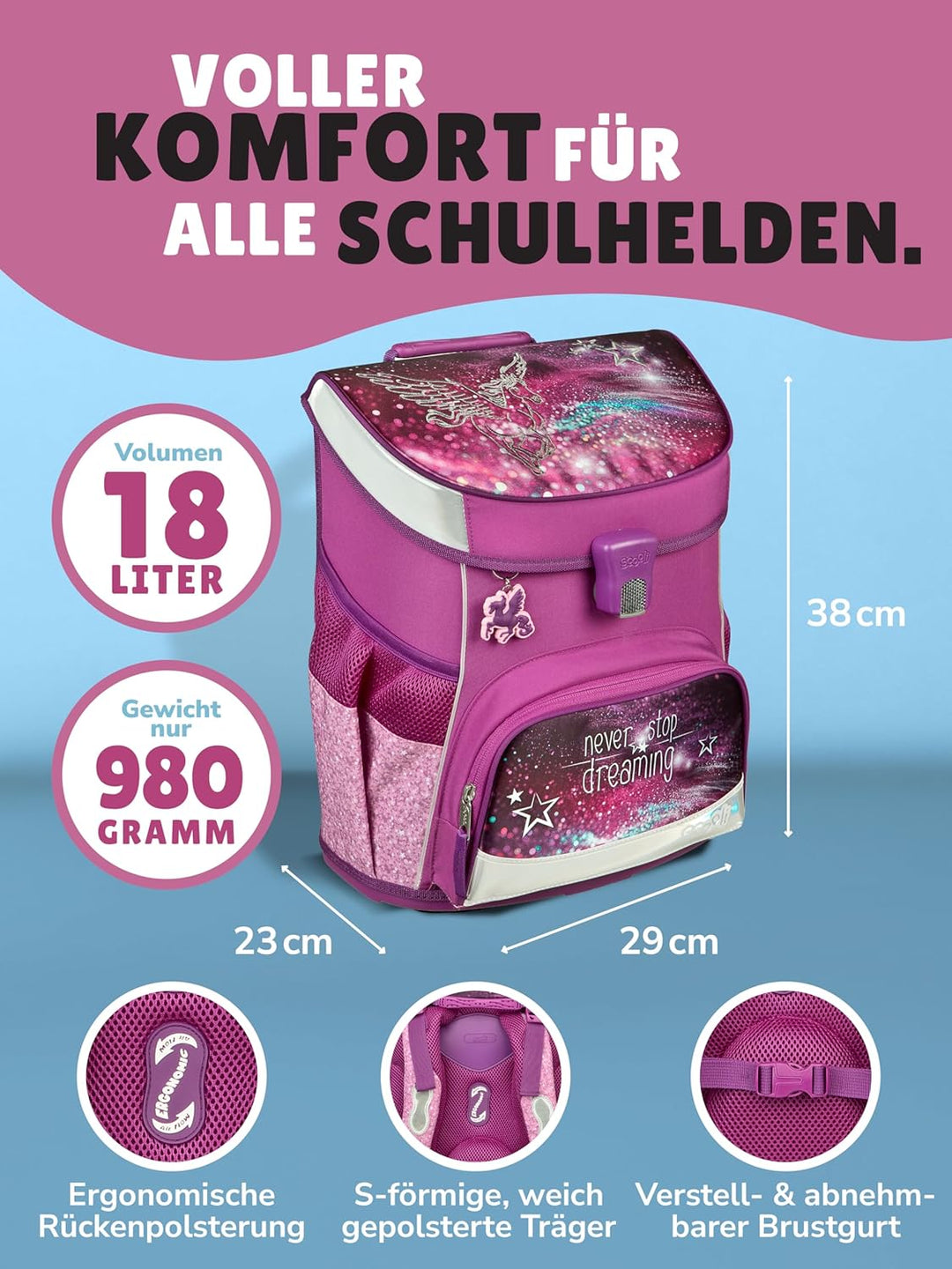 Familando - Scooli Campus Fit Schulranzen Set - 10-teilig mit Schultüte - Pegasus Violett - Ergonomi