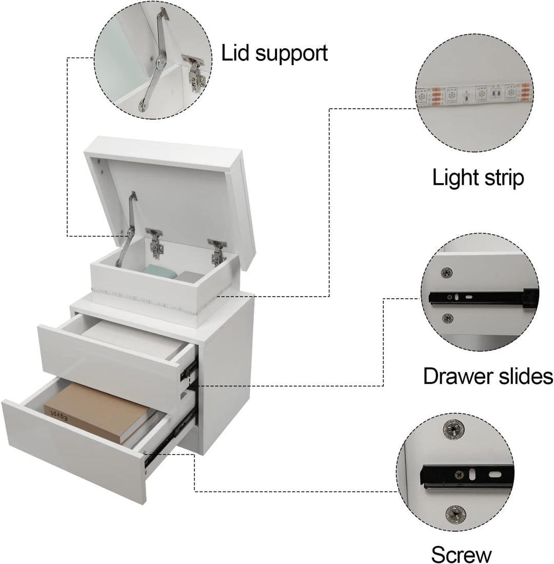 PIPIPOXER 2er Set Nachttisch LED mit 2 Schubladen, Nachttisch Weiss mit LED Licht, 16 Farben 2 Schub