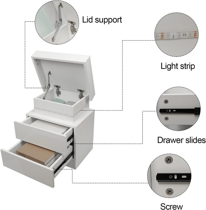 PIPIPOXER 2er Set Nachttisch LED mit 2 Schubladen, Nachttisch Weiss mit LED Licht, 16 Farben 2 Schub