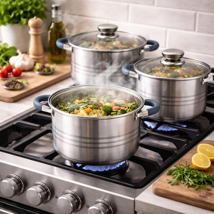 Topfset Edelstahl 10-teilig – Induktion Kochtopf Set mit Glasdeckeln, Töpfe Set Ø18–26 cm, Spülmasch