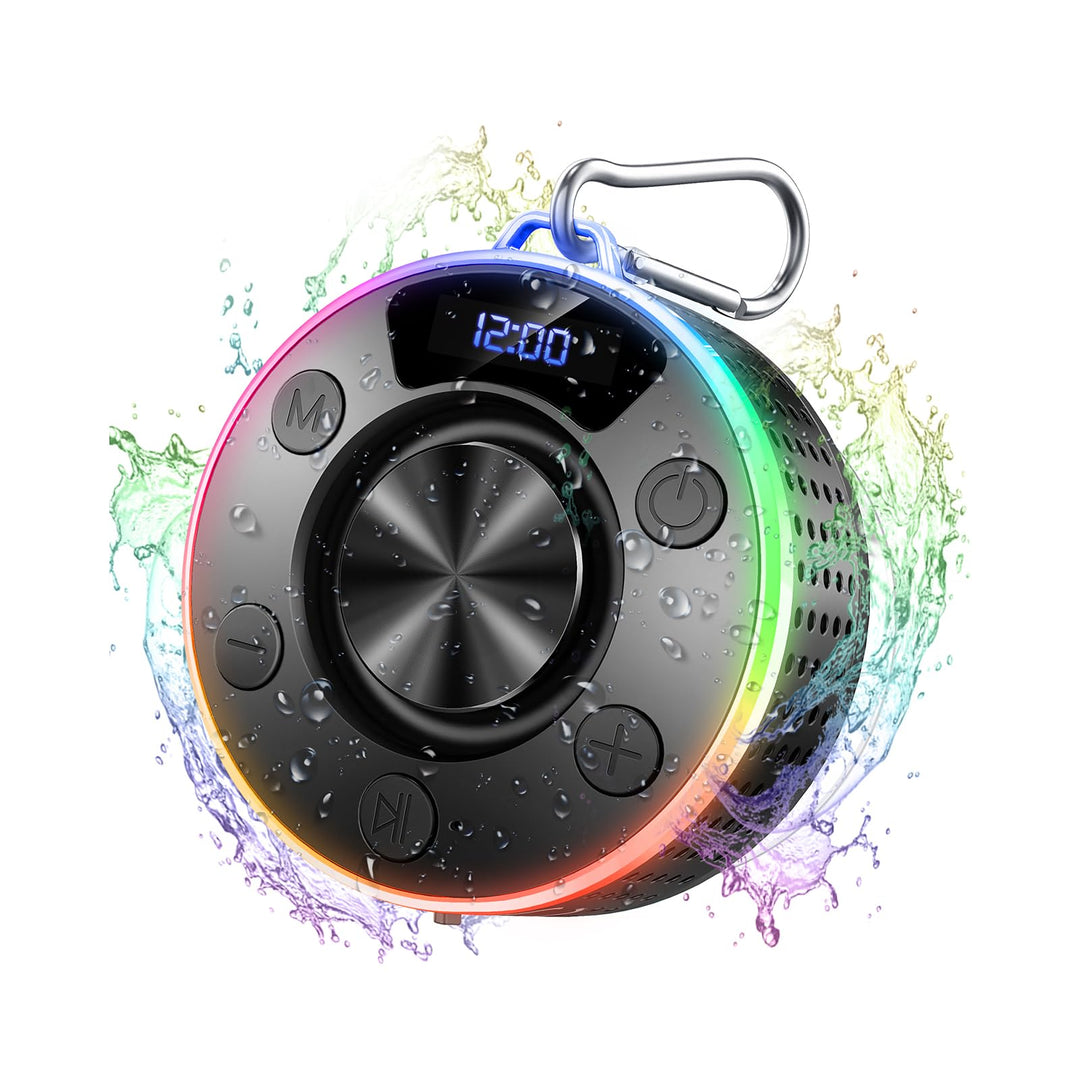 Bluetooth Lautsprecher, Klein Duschlautsprecher Bluetooth 5.3 mit LED Licht/Saugnapf, IPX7 Wasserdic