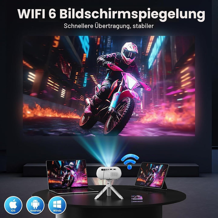 Mini Beamer mit Stativ 1080p WLAN- und Bluetooth-Unterstützung Tragbarer Beamer, Kompatibel mit Smar