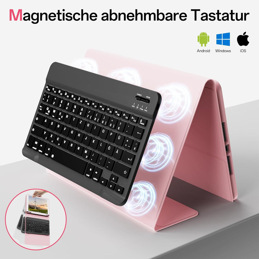 Hülle mit Tastatur für iPad 9/8/7 Generation (2021/2020/ 2019), Weiche TPU Rückseite mit Stifthalter