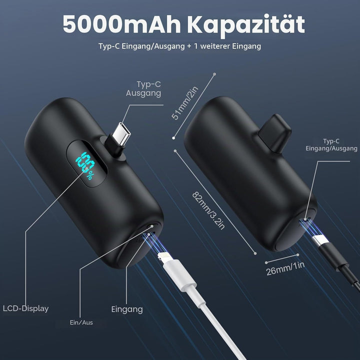 Feob Power Bank USB C 5000mAh, 15W PD 3.0A Schnelles Aufladen Powerbank Schlank LCD Display Extrener