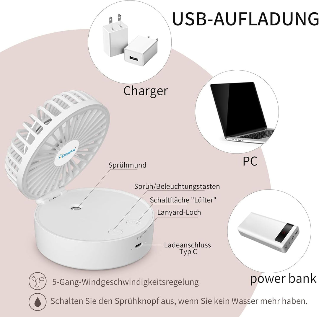 Handventilator mit Kühlen Nebel,Tragbarer Mini Ventilator USB-Aufladbar,5 Geschwindigkeiten,Faltbare