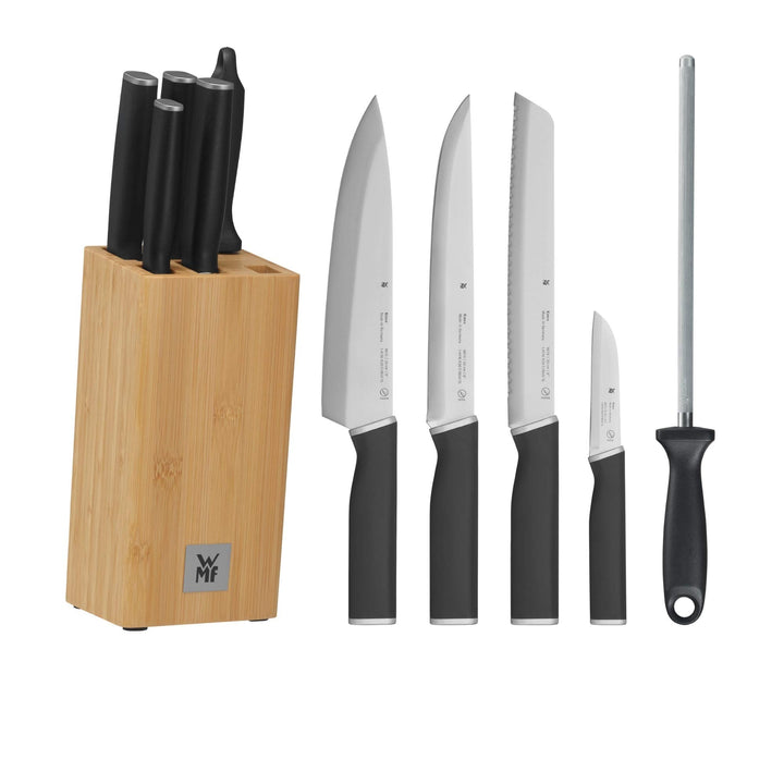 WMF Kineo Messerblock mit Messerset 6teilig, Made in Germany, 4 Messer, Wetzstahl, Bambus-Block, Per
