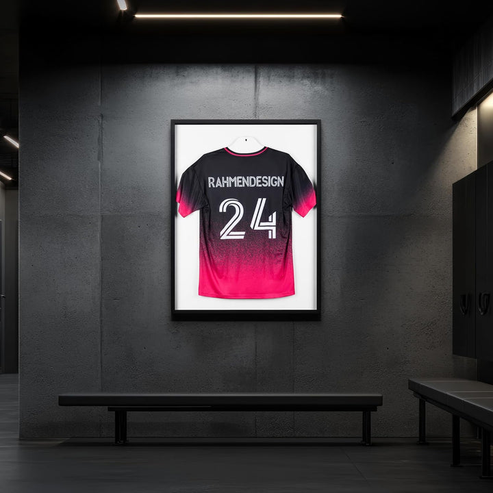 Trikotrahmen Schwarz 80x100 mit Passepartout Schwarz – 3D Objektrahmen für Fussballtrikots – Jersey