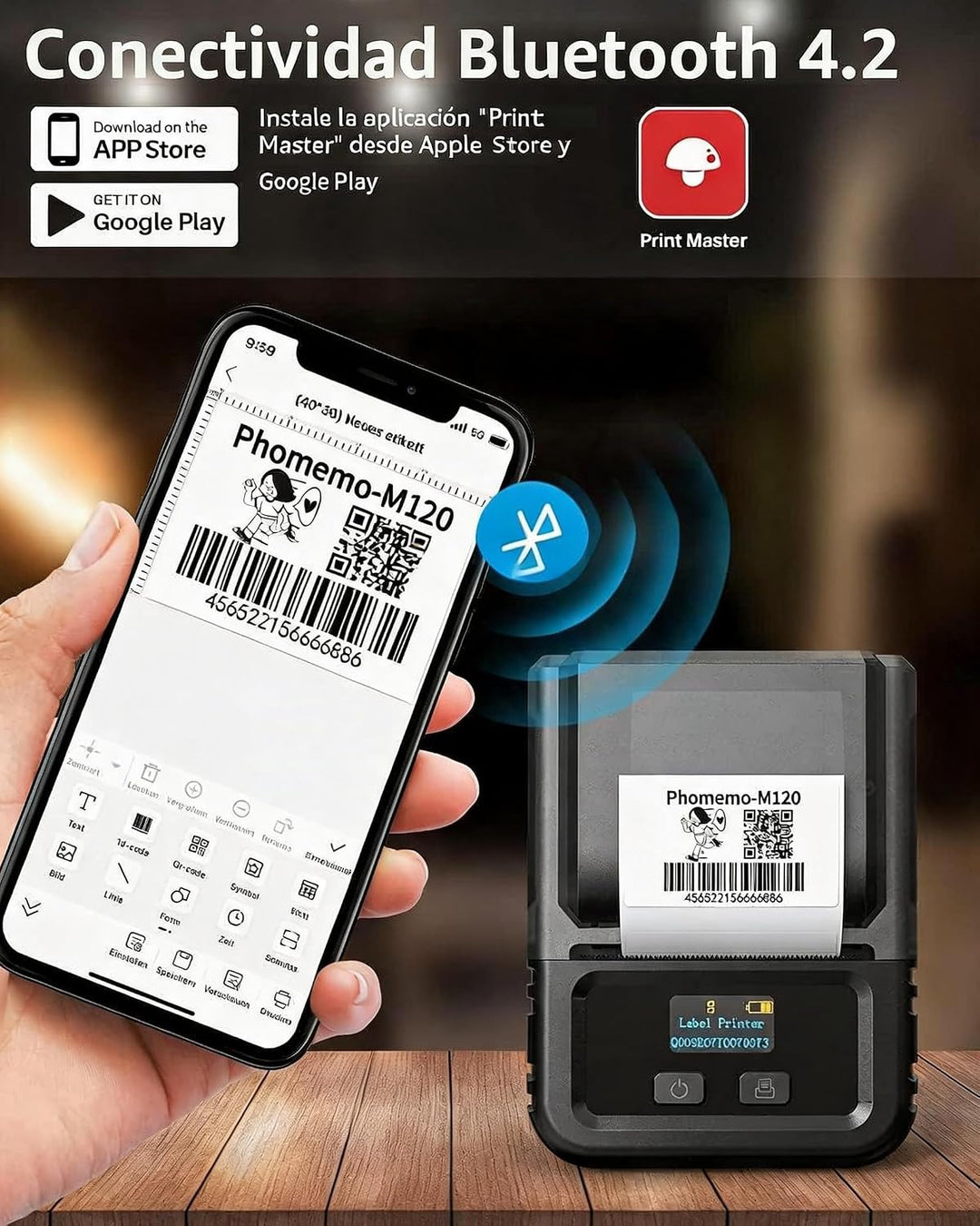 Phomemo M120 Etikettendrucker mit 3 Rollen Etikettenpapier, Bluetooth Thermo Beschriftungsgerät,Trag