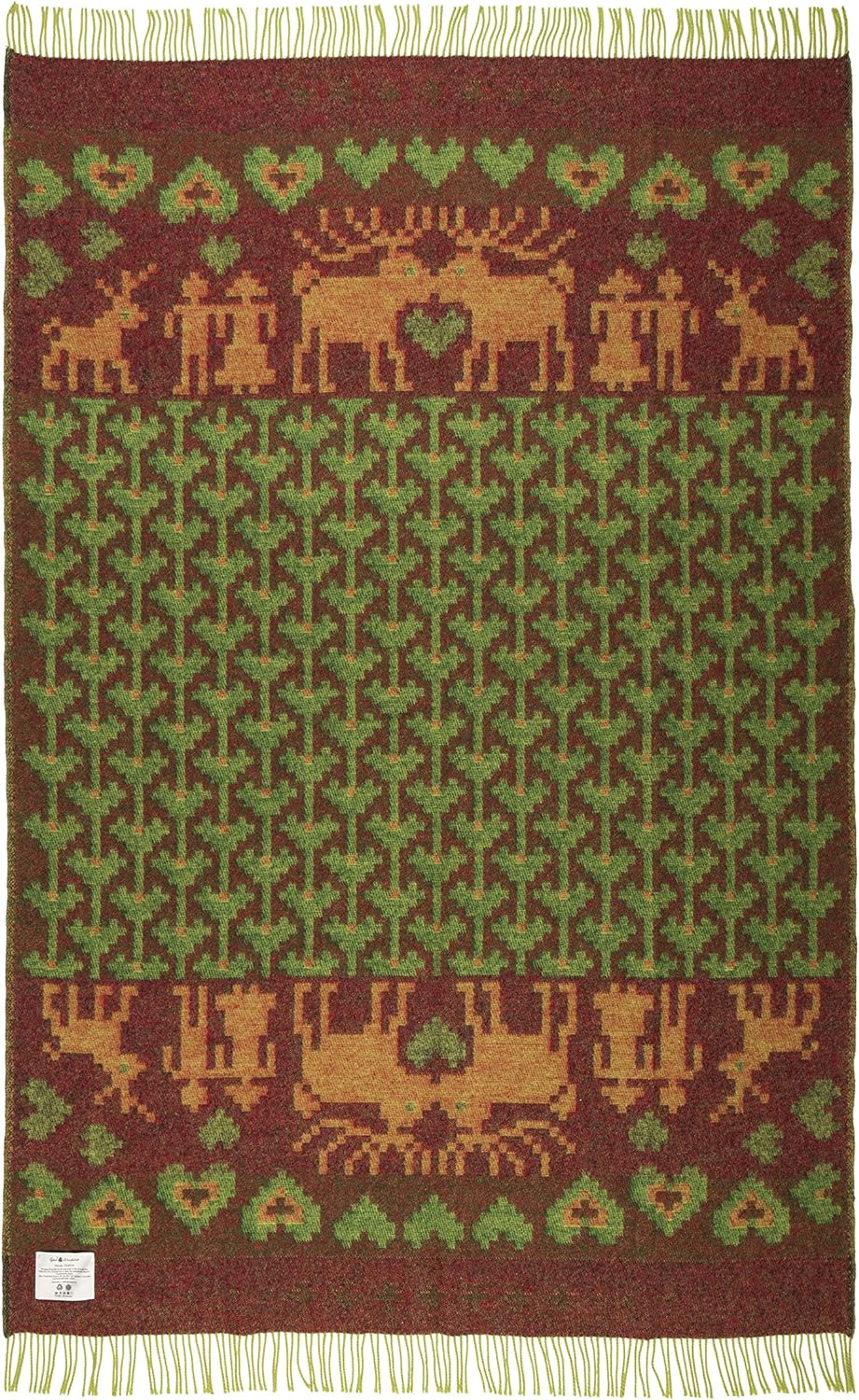 ÖJBRO VANTFABRIK "Fästfolk Evelina&Ewald gewebte Wolldecke mit Fransen 130x220 cm lindgrün/grün/rot